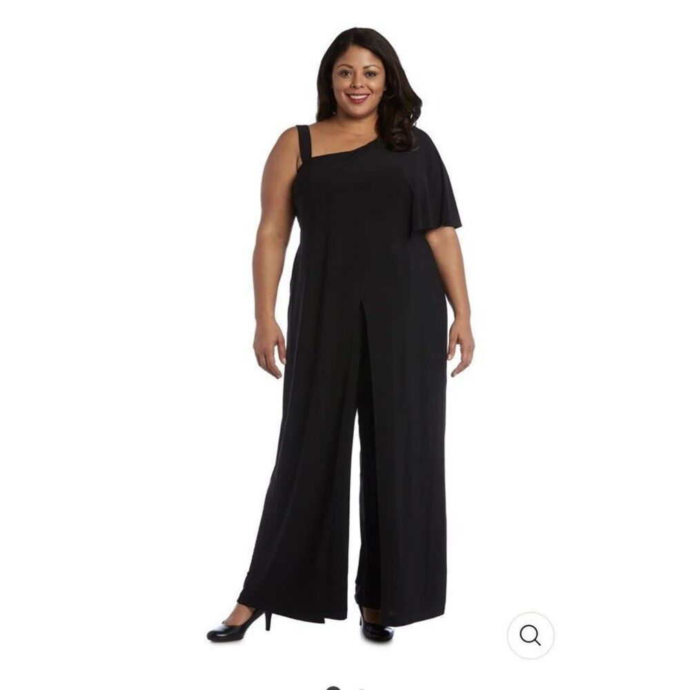 R&M Richards Black Jumpsuit Oneshoulder Flare With Overlay And Draped Sleeves 8